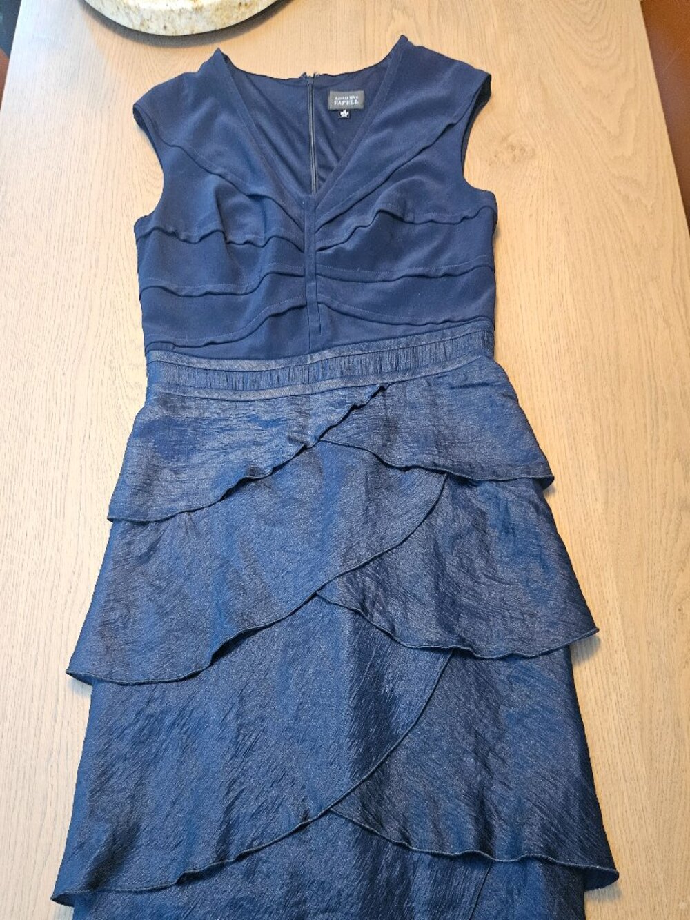 Adrianna Papell Navy Cascading Tiered Ruffle Sleeveless Cocktail Dress Size 12
